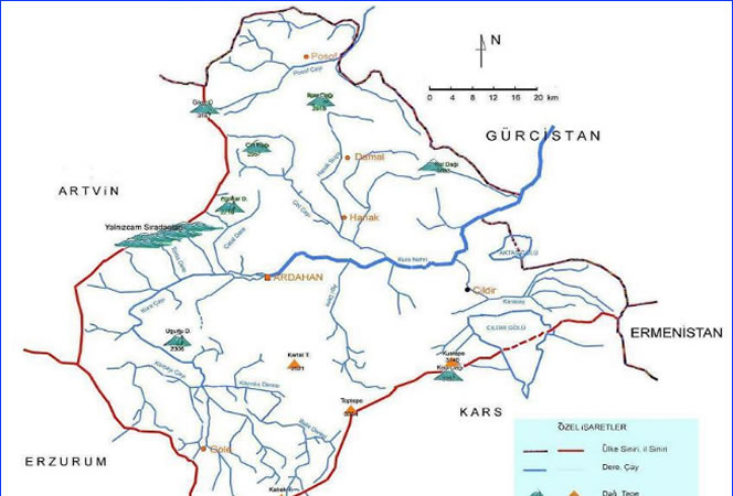 Ardahan yüzeysel su kaynakları hidrografya haritası
